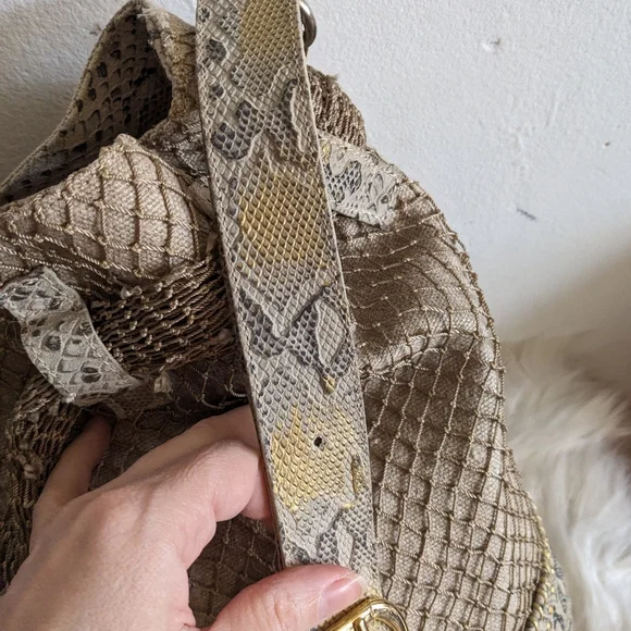 El Vaquero Beige Python Hobo Bucket Bag Purse Snakeskin Fishnet Linen - Picture 6 of 15